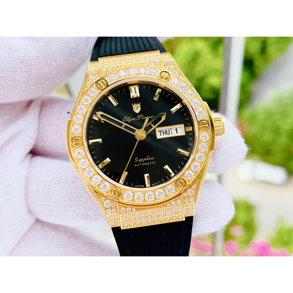 Đồng hồ nam Olym Pianus OP990-45 viền vàng, mặt đen chính hãng; Thiết kế kiểu dáng Hublot; New 100, Full box