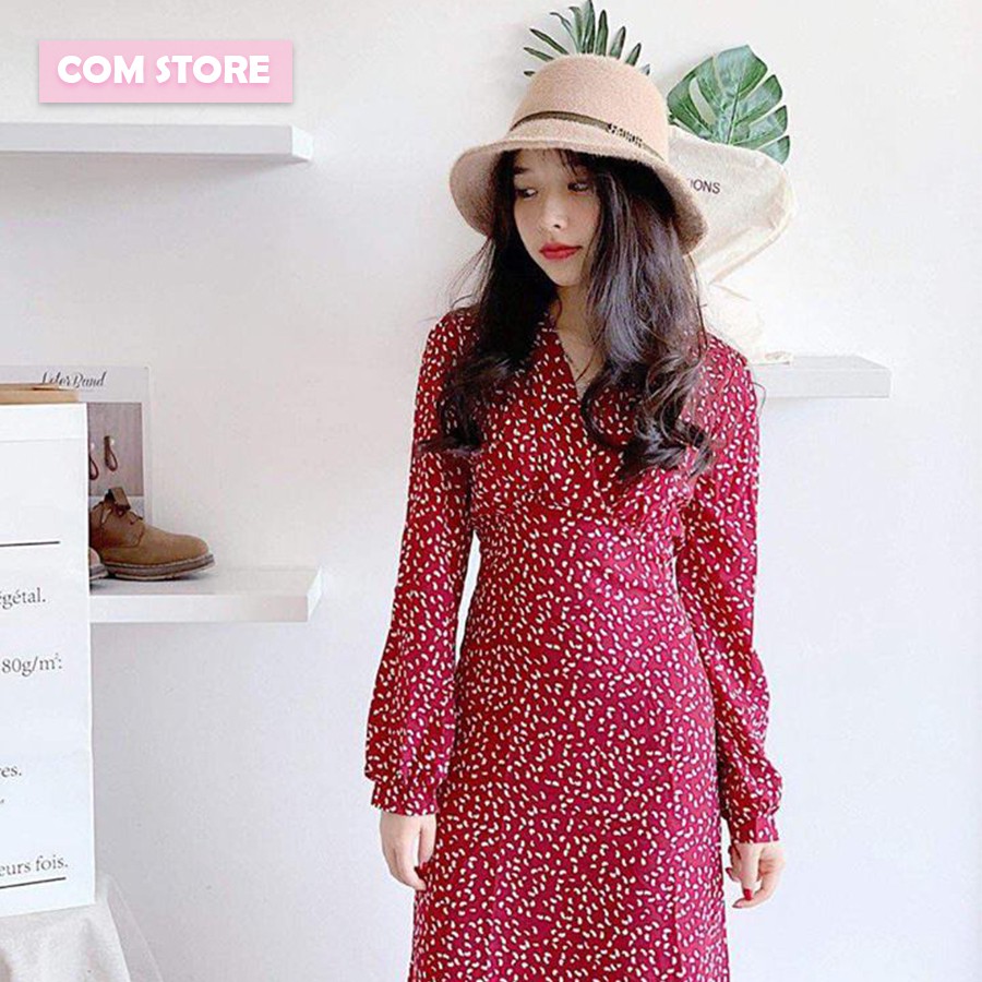 Đầm midi đỏ họa tiết nhí. Hình thật shop chụp ở cuối | BigBuy360 - bigbuy360.vn