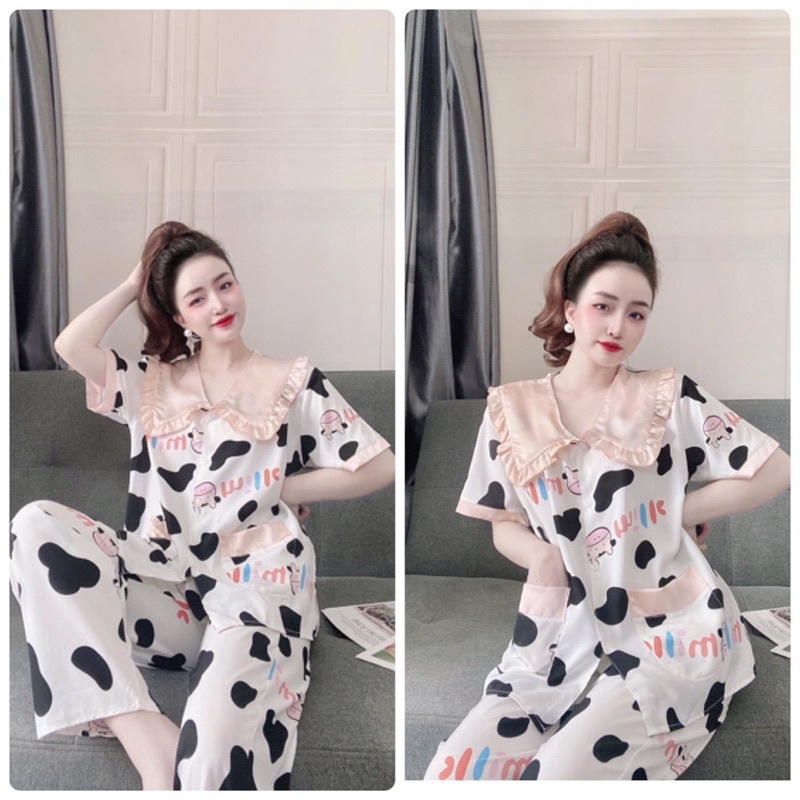 Pijama bèo 2túi bò sữa lụa dài