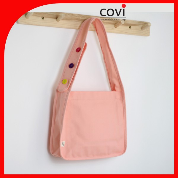 Túi Tote Đeo Chéo, Đeo Vai, Vải Canvas, Vải Bố Quai Liền Phối 3 hạt nút Thương Hiệu COVI Màu hồng, đen, xanh