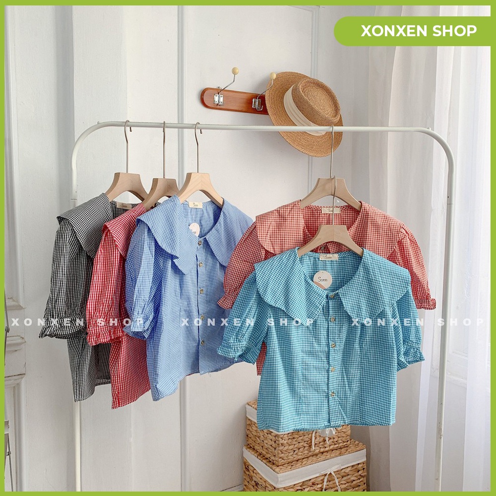 Áo kiểu caro cổ bèo lên form chuẩn chất vải mền mịn XONXEN SHOP QUẢNG NGÃI freesize mã 76 | BigBuy360 - bigbuy360.vn