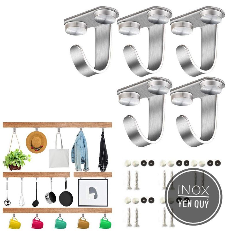 SET 10 MÓC TREO INOX BẮT NGƯỢC TRẦN - MÓC TREO INOX CHỮ J TIỆN LỢI