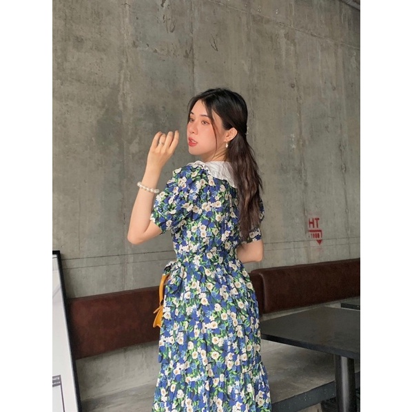 Đầm hoa công sở cổ tim trắng bầu mặc được Julie BT086