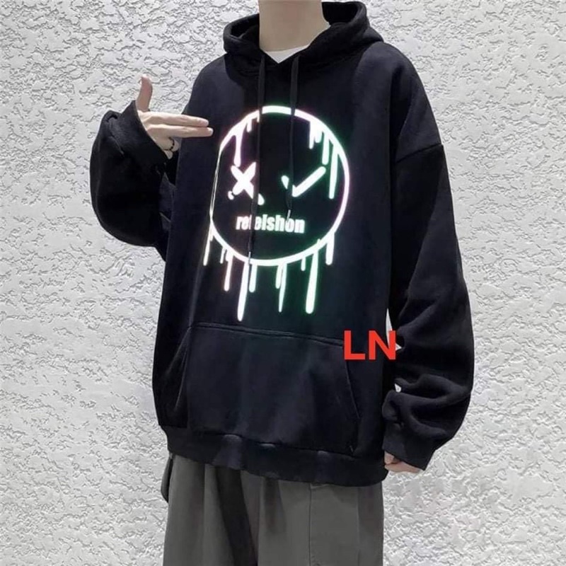 Áo hoodie phản quang mặt cười chảy DA6