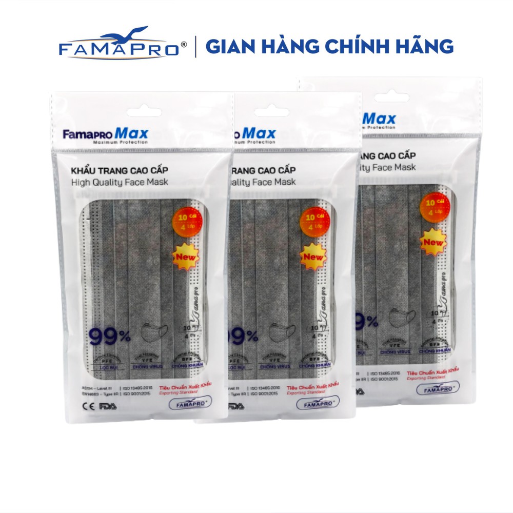 [TÚI-10 CÁI-MÀU XÁM] COMBO 3 TÚI Khẩu trang y tế cao cấp kháng khuẩn 4 lớp Famapro max | BigBuy360 - bigbuy360.vn