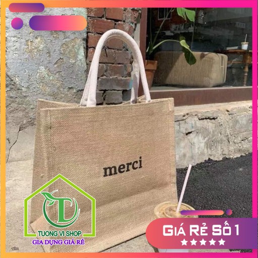 Túi cói vintage đi biển Merci xách tay nữ phong cách Hàn Quốc cực chất