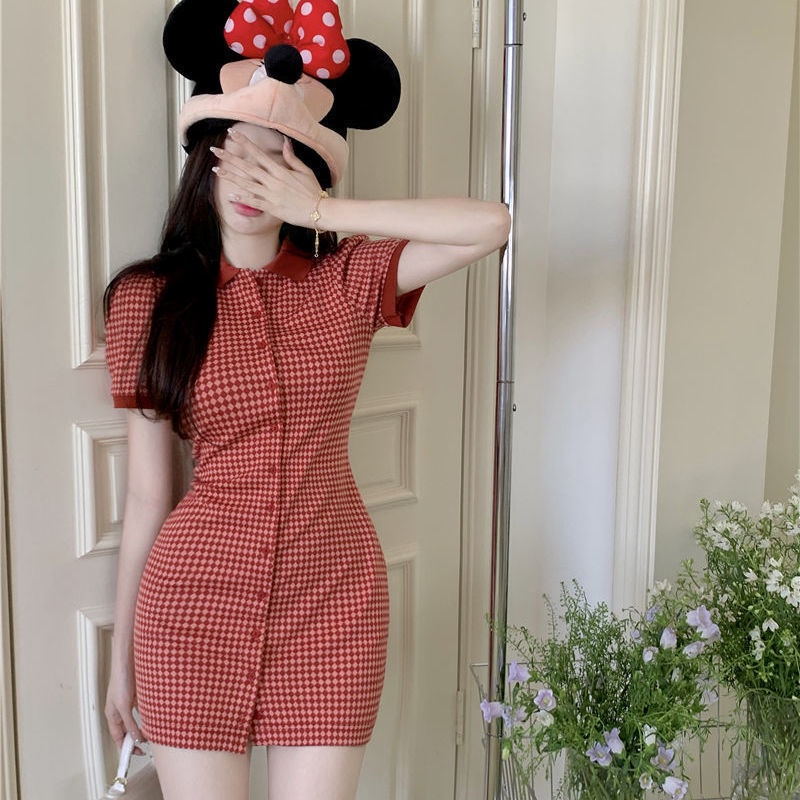 COZOK Đầm Tay Ngắn Cổ Bẻ Họa Tiết Sọc Caro Thiết Kế Ôm Sát Tôn Dáng