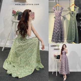 ẢNH TỰ CHỤP Đầm maxi hoa 2 dây vạt cổ vuông phối nút