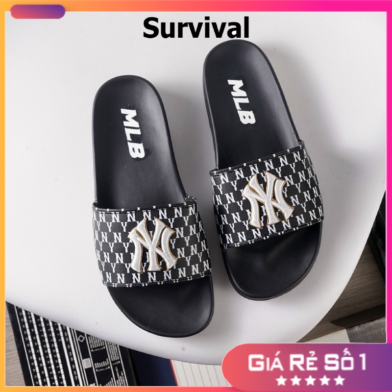 Dép 𝗠.𝗟.𝗕 𝗡𝗬 Quai Ngang Nam Nữ Unisex Siêu Hot Trend đủ size [ Fullbox + Hỗ trợ đổi size ] - Logo Thêu Chữ Màu Đen