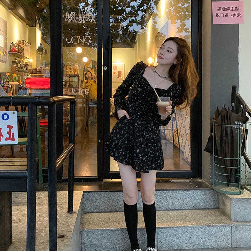 COZOK Đầm tay dài cổ vuông họa tiết hoa hợp thời trang