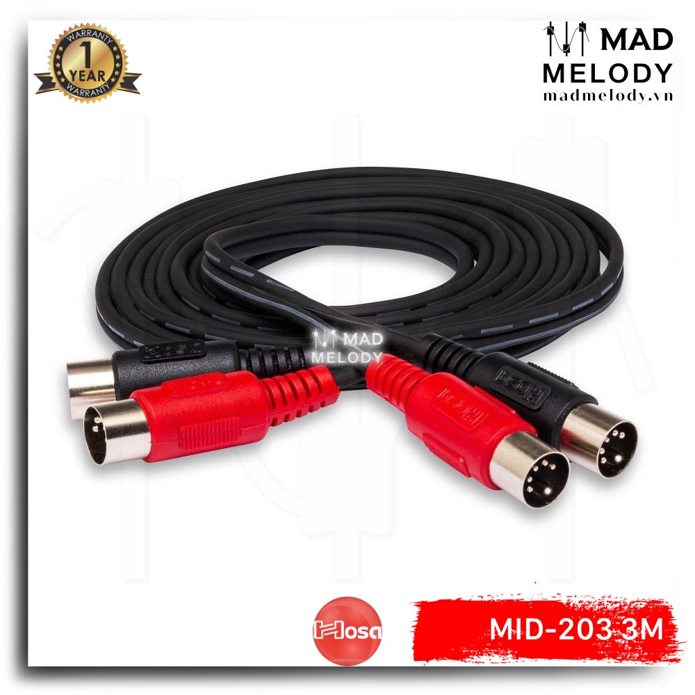 Hosa Dual MIDI Cable MID-203 (2 5-pin DIN - 2 5-pin DIN) (3m) [Dây cáp MIDI đôi hai đầu 5-pin DIN, NEW & chính hãng]