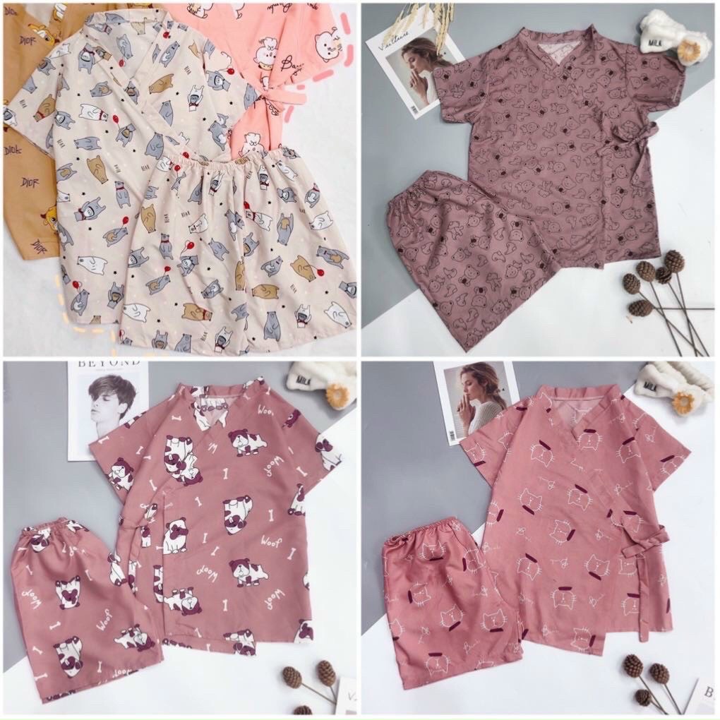 Bộ Đồ Ngủ Nữ Mặc Nhà Ngắn Tay Pijama Kimono Cộc Tay Vạt Chéo Họa Tiết Dễ Thương