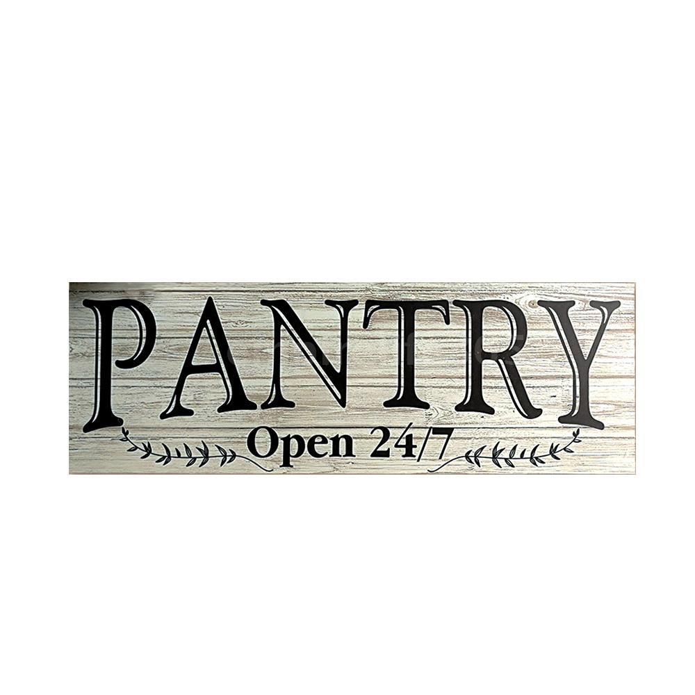 Bảng gỗ kiểu cổ điển in chữ Pantry Open 24/7 dùng để trang trí