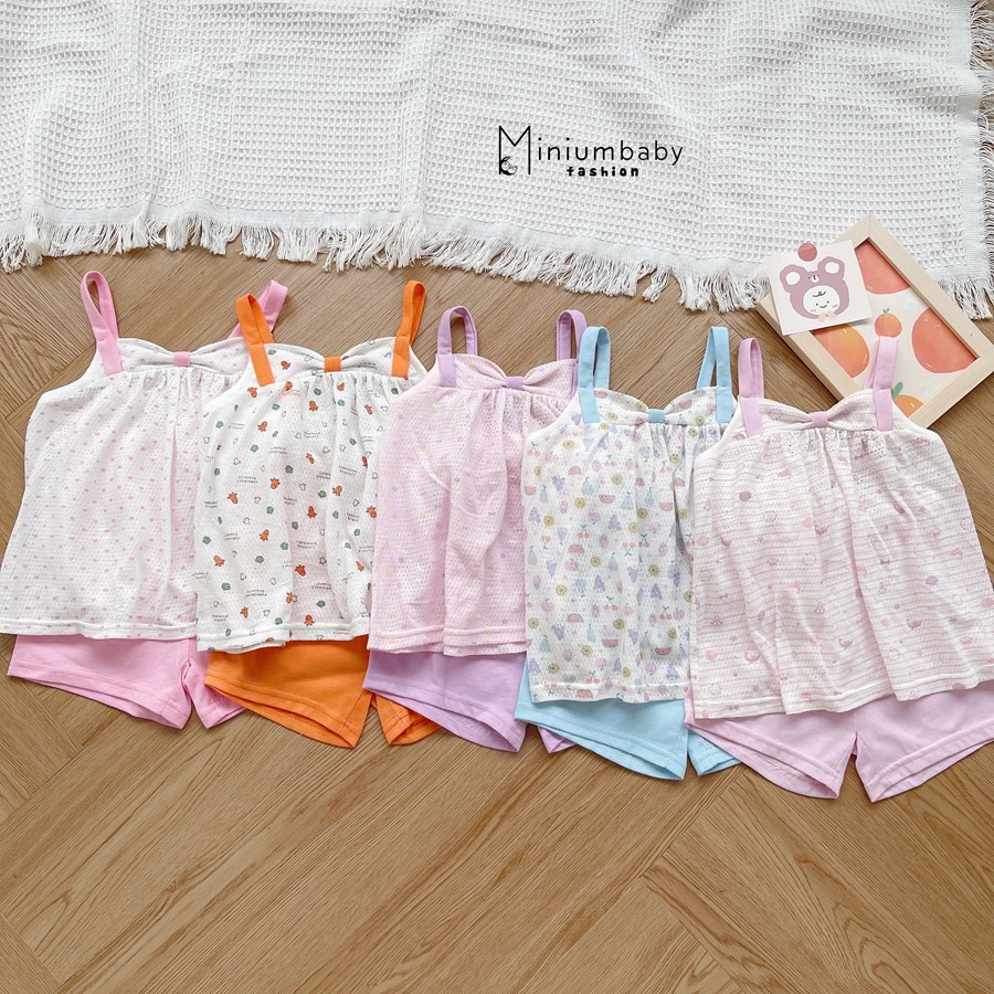 Bộ 100% cotton 2 dây xinh xắn mặc mùa hè cho bé gái miniumbabyfashion, set trẻ em mềm, mát- SB1596