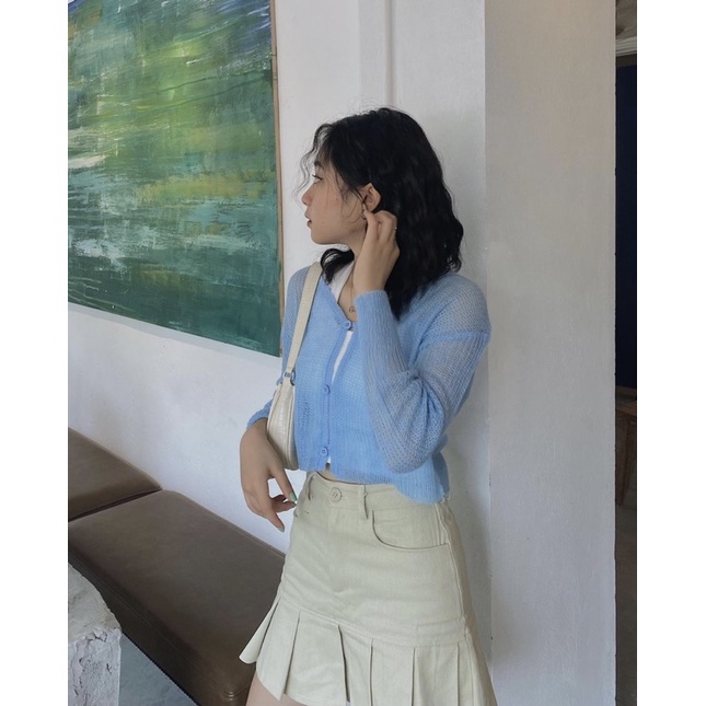 Áo cardigan nữ len mỏng màu trắng/hồng/xanh lá/xanh dương + Chân váy kaki chữ A xếp ly đuôi màu hồng/kem - Meadow