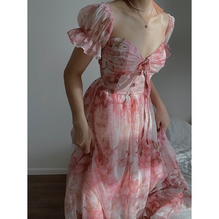 Đầm dài the peachy audrey dress váy tơ hoa hồng pháp