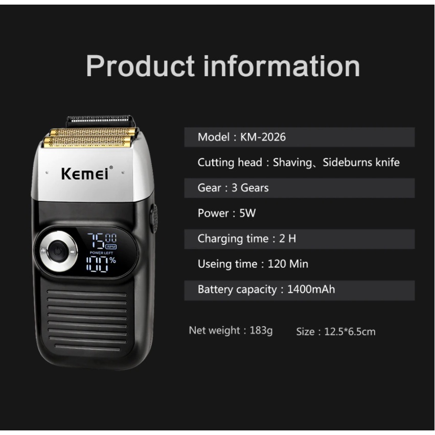 Máy Cạo Râu Khô Kemei Km 2026 - Siêu Sát Siêu Trắng - Màn Hình LCD Sang Trọng - Tặng Kèm Lưỡi Dao Phụ - Bảo Hành 12T