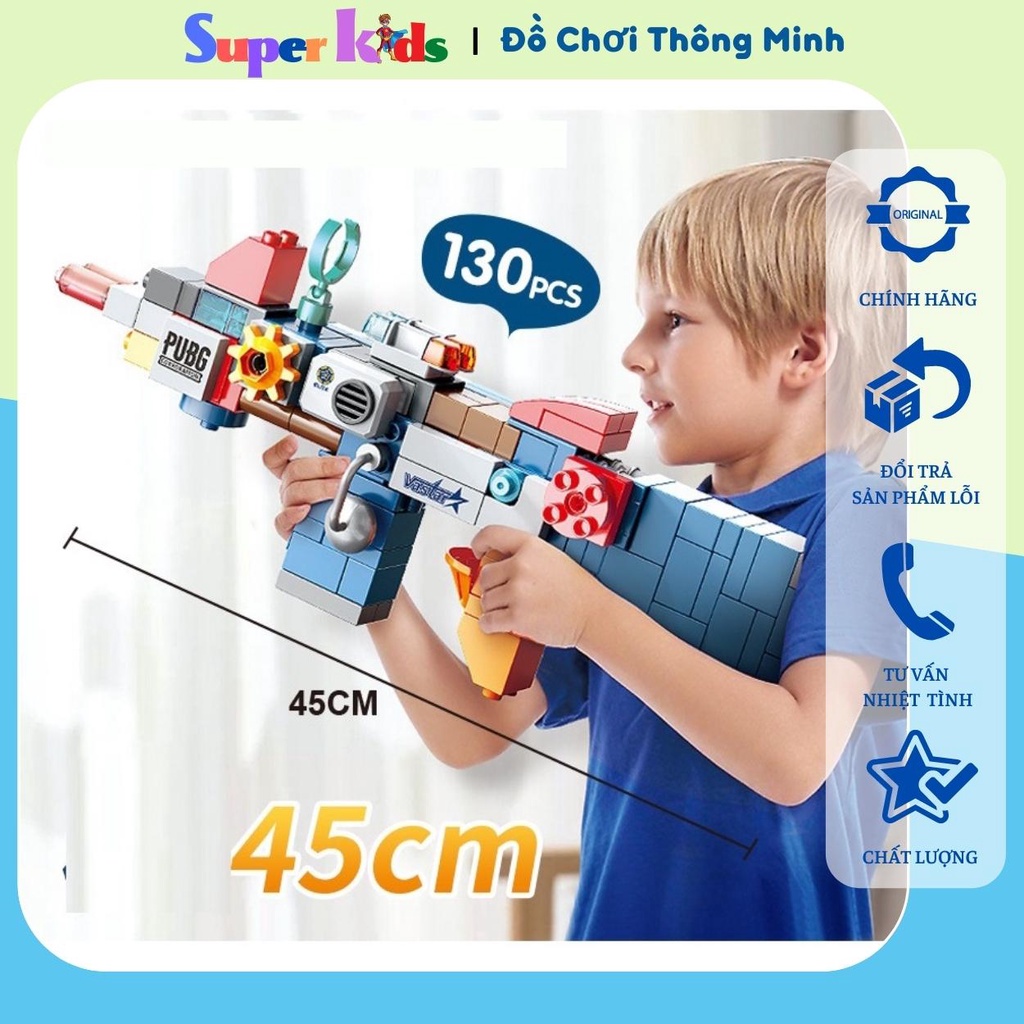 Đồ chơi mô hình súng đồ chơi size lego duplo (xếp robot, xe cẩu, máy xúc,máy bay....) chính hãng Feel, 130 chi tiết