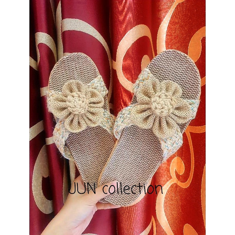 Dép cói quai chéo sọc đính hoa vintage handmade, mang nhà, đi biển, dạo phố, Hàn Quốc