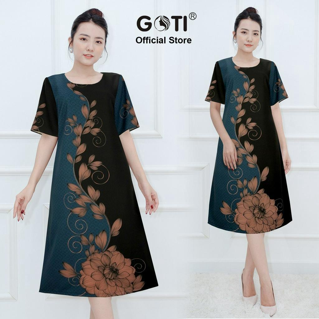 GOTI – Đầm Dáng Suông Trung Niên Dự Tiệc Cao Cấp Vải Lụa In Hoa Sen  Mềm Mịn Cho Mẹ U40 U50 3374 3347 3345
