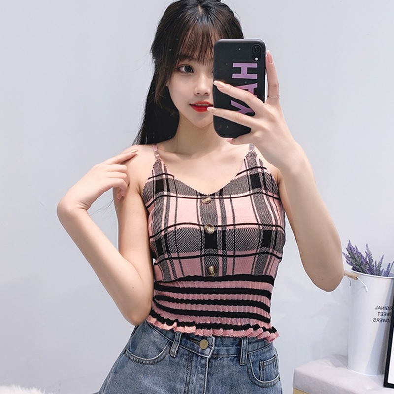 Áo Hai Dây Cổ Chữ V Họa Tiết Kẻ Ca Rô Gợi Cảm