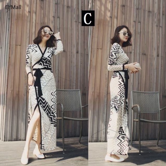 Đầm dài xẻ tà dài tay cổ V phong cách Bohemian quyến rũ cho nữ size S-2XL