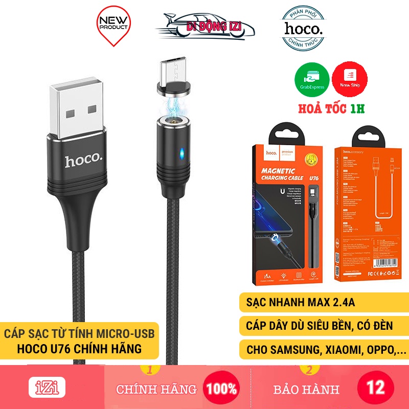 Cáp Sạc Nam Châm Cho Samsung, Xiaomi, Oppo... Hoco U76 - Dây Sạc Micro-USB Từ Tính Báo Đèn, Cáp Dù Siêu Bền [CHÍNH HÃNG]