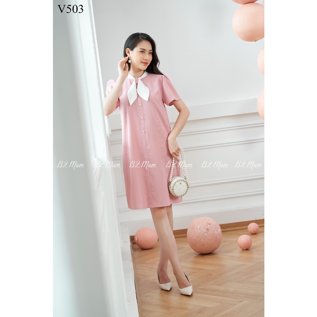 V503 Váy bầu đũi nơ cổ hồng B2 Mum