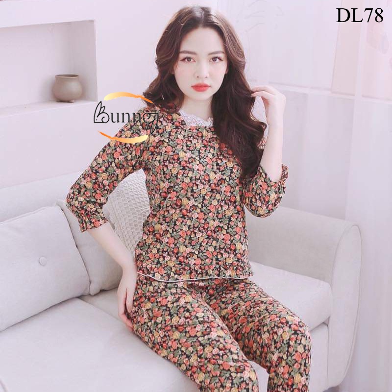 [Bunny]ĐỒ BỘ MẶC NHÀ TAY LỠ HỌA TIẾT HOA LÁ, CHẤT LIỆU LỤA MỀM MÁT, FOM DÁNG ĐẸP