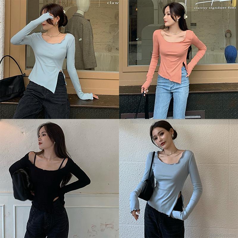 Áo Thun Tay Dài Dáng Ôm Kiểu Hàn Quốc Thiết Kế Lệch Tà Cá Tính Cho Nữ