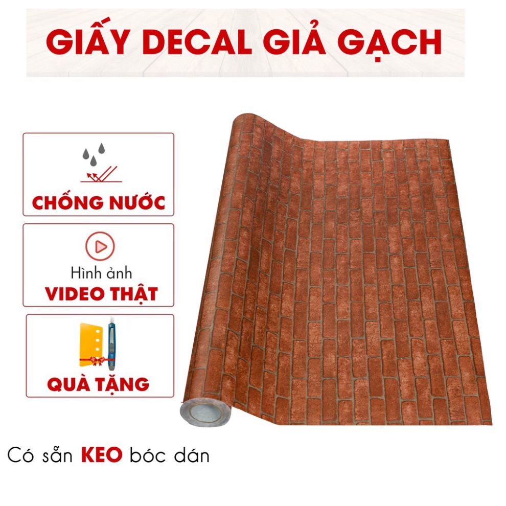 Giấy dán tường decal giả gạch màu đỏ hoa văn 3D có sẵn keo mặt sau khổ 1,2m