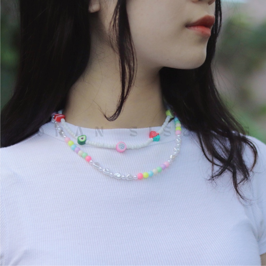 Dây chuyền  hai lớp charm trái cây kết hợp với ngọc trai nhân tạo🌈🌈🌈 |handmade by Doran Sisters|