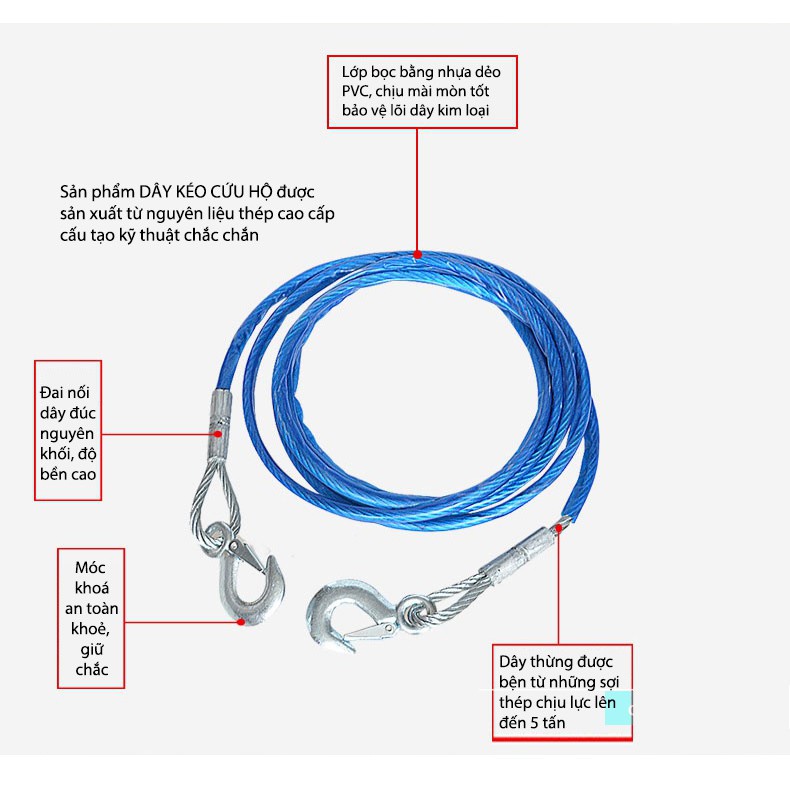 Dây cáp cứu hộ lõi thép cao cấp không gỉ kéo xe hơi ô tô dài đến 4m tải trọng đến 5 tấn