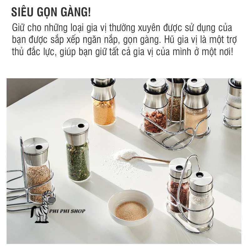 Bộ hủ đựng gia vị thủy tinh Lock&amp;Lock dung tích 130mlx4 kèm giá đỡ LLG842 - Slim Spice Jar Set