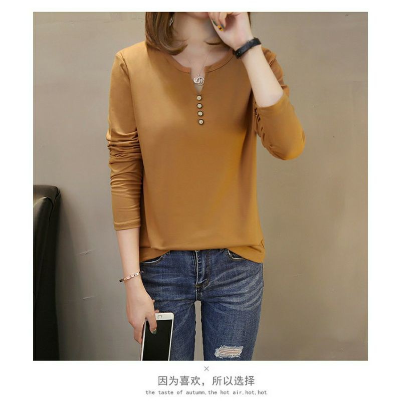 Áo thun nữ tay dài AP85 cổ chẻ đính khuy