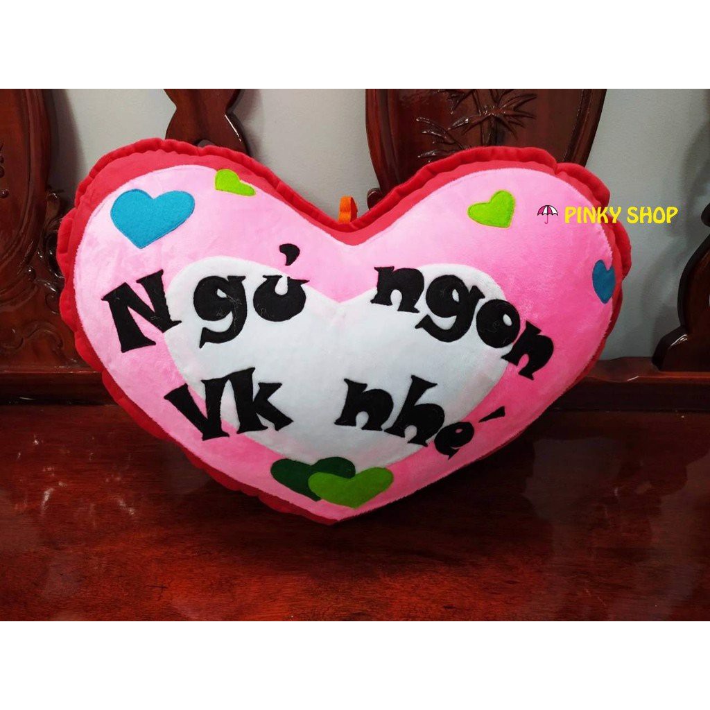 Gối handmade thêu chữ "Ngủ Ngon Vk Nhé" giá rẻ vải nỉ cao cấp hình trái tim tặng bạn gái màu đỏ Pinky Shop mã GH6