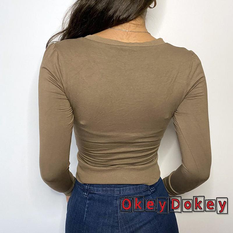 Áo thun tay dài dáng ôm phối dây buộc phía trước cho nữ