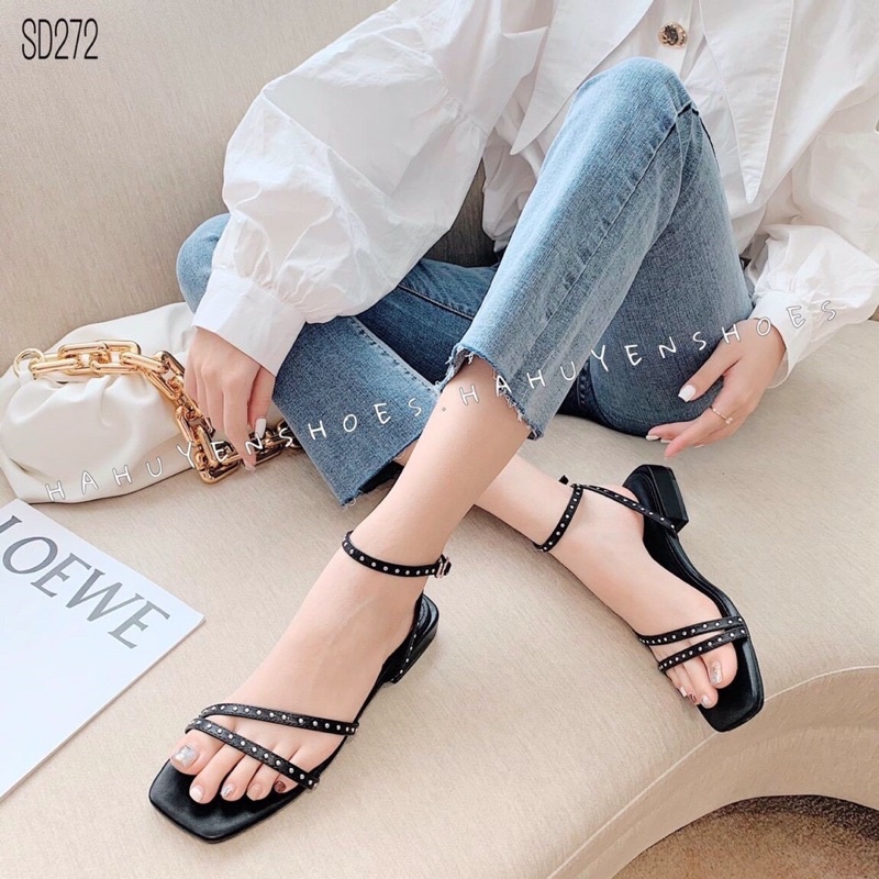 Sandal nữ bệt 2cm dây quai mảnh viền đinh cao cấp