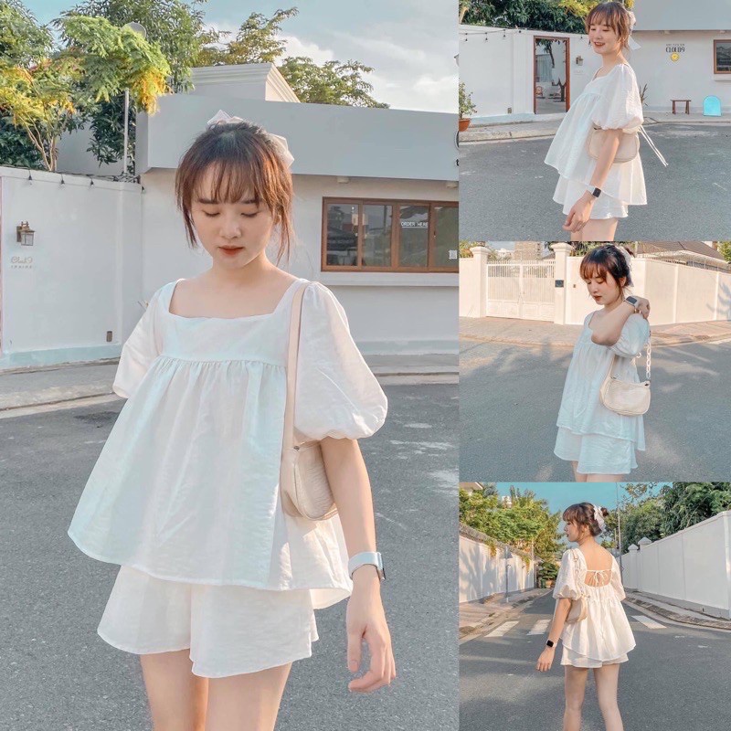 Bộ mặc nhà nữ gồm áo babydoll cổ vuông và quần đùi nữ ống rộng chất đũi mềm mát PANOSI - Mã B5