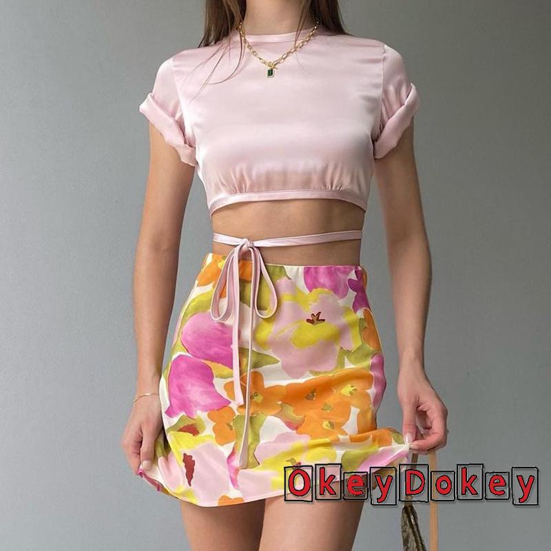 y2k Chân váy chữ A lưng cao in họa tiết hoa phong cách cổ điển thời trang cho nữ