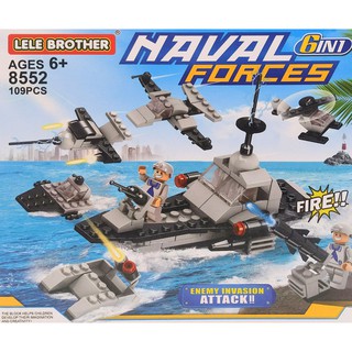 Bộ Xếp Hình 6 trong 1 xếp hình cảnh sát biển 109 miếng - Lắp ráp mô hình chiến hạm, máy bay trực thăng