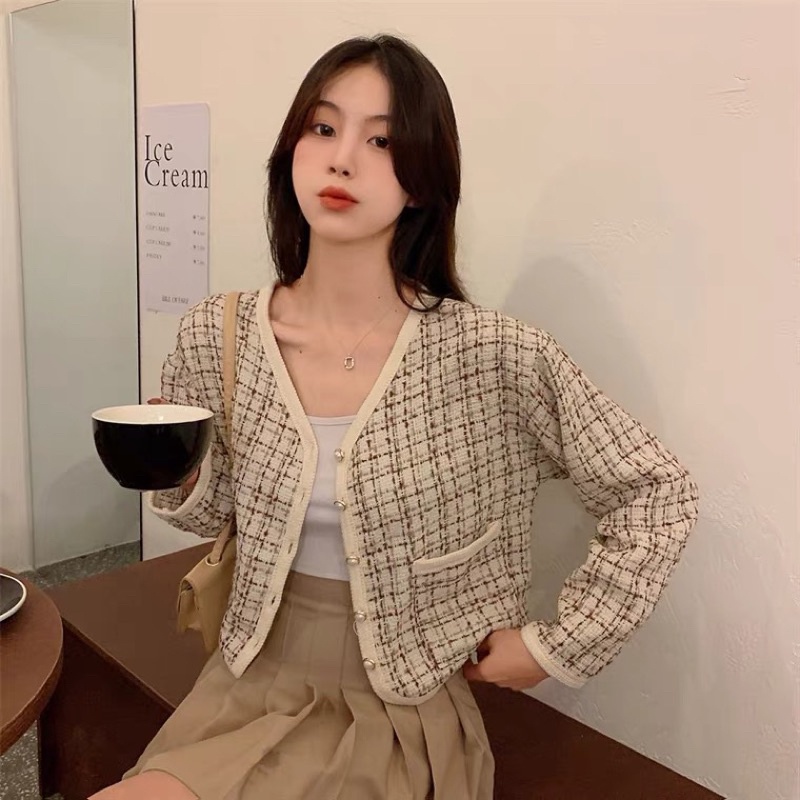 Áo khoác tweed cổ chữ V kẻ sọc mỏng mùa thu phong cách Hàn Quốc