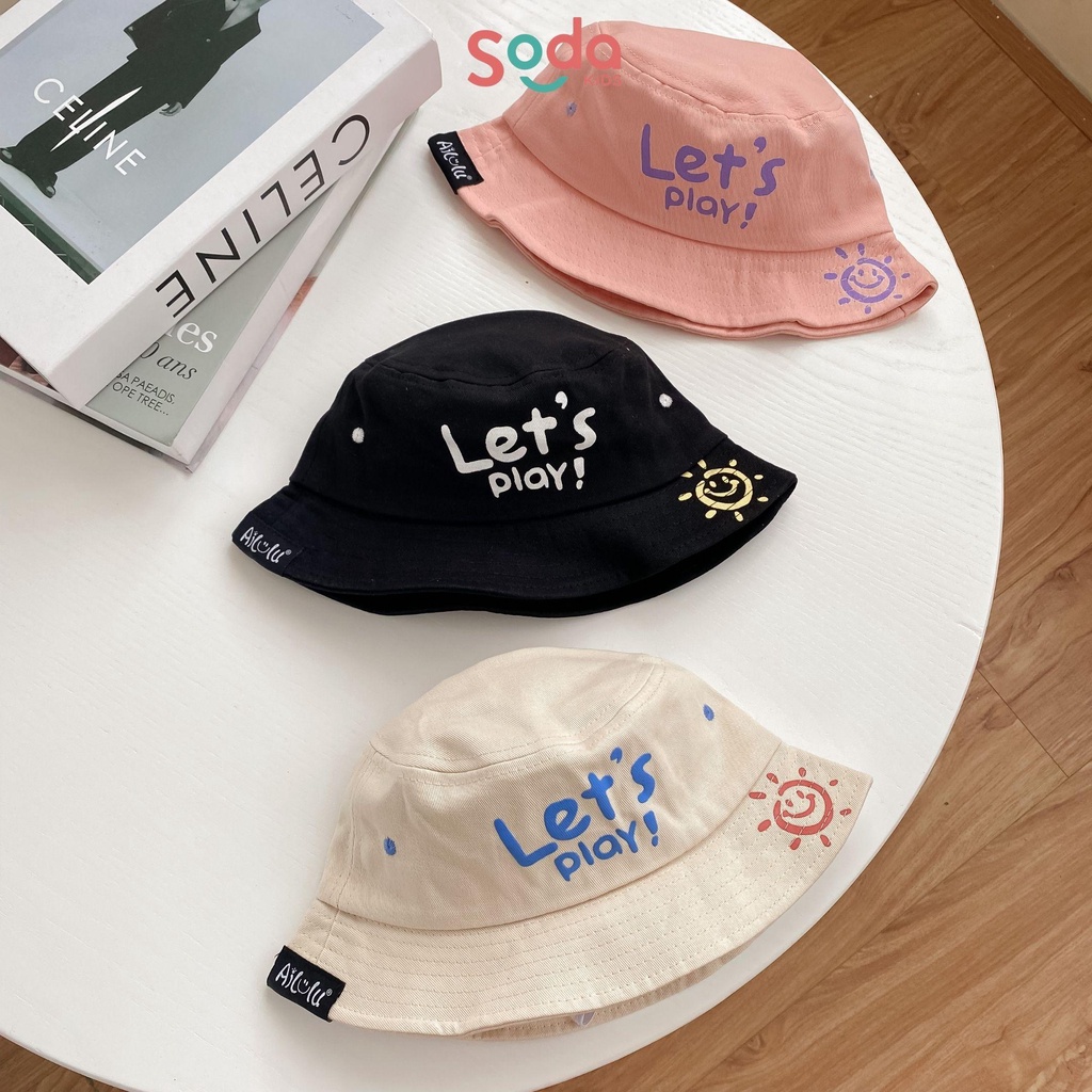 Mũ vành cho bé SODA KIDS let's play in hình mặt trời, chất liệu thô có quai chun (2 màu)