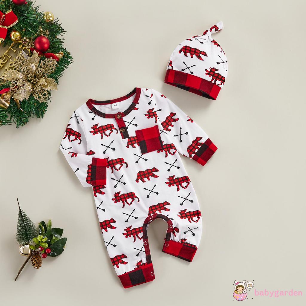 Bộ áo liền quần tay dài cổ tròn in họa tiết caro &amp; động vật kèm mũ đội đầu dễ thương cho bé sơ sinh