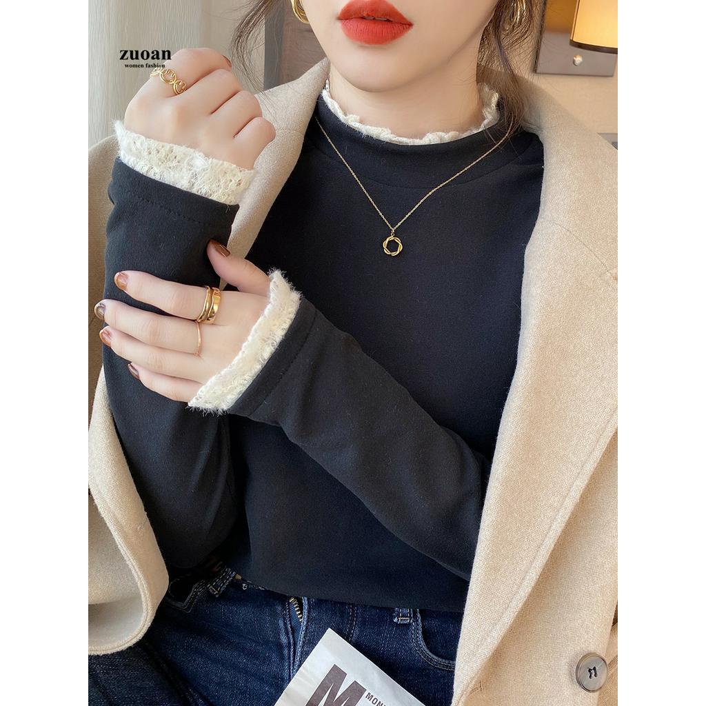 SUXI Áo len tay dài cổ cao phối ren xinh xắn thời trang cho nữ