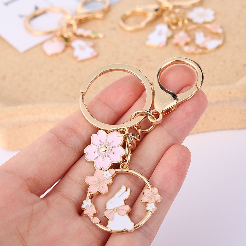 Móc khóa QIHE JEWELRY hình thỏ và hoa hồng hoạt hình đáng yêu xinh xắn