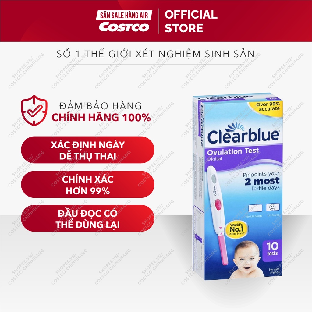 Que thử rụng trứng điện tử hộp 10 que, que thử điện tử chính xác 99% Clearblue Digital Ovulation Test 2 Most