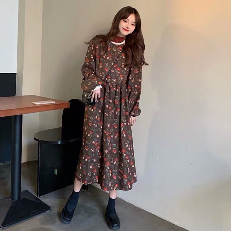 Đầm hoa midi bo eo phối ren