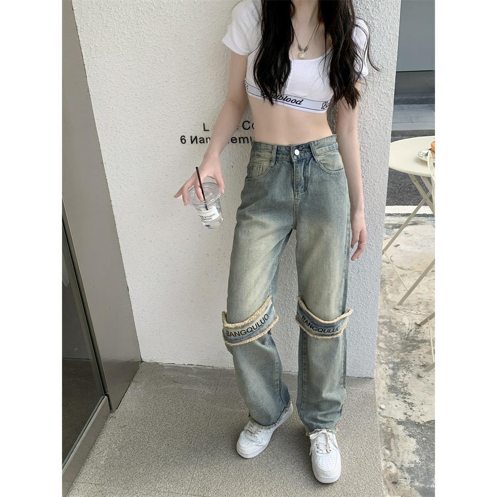 「 WELOVE1 」Quần Jean Ống Rộng Lưng Cao Màu Xanh Dương Thời Trang Mùa Hè Dành Cho Nữ