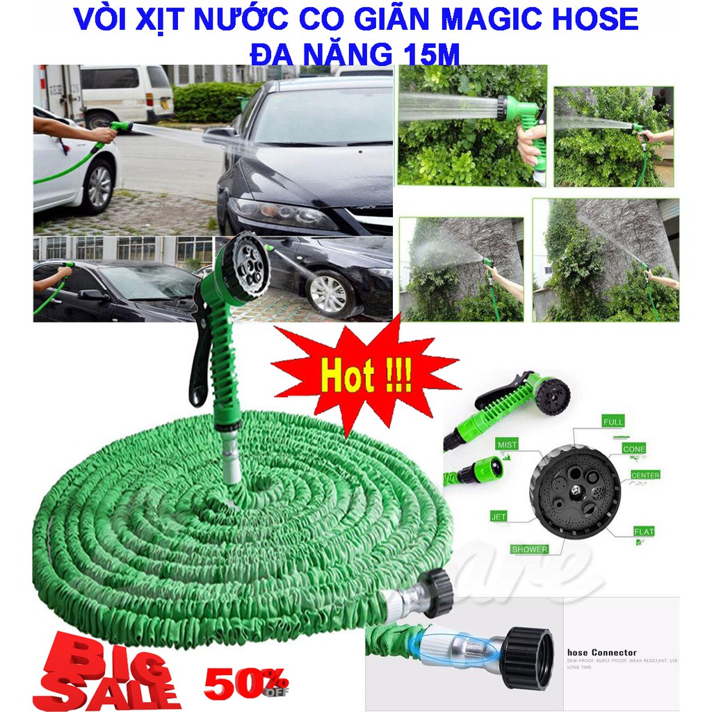 Vòi Xịt Nước Giãn Nở Thông Minh Cao Cấp Dài 15M, Dây Bơm Nước Co Giãn, Tưới Cây, Rửa Xe, Xịt Rửa Sân Vườn Đa Năng